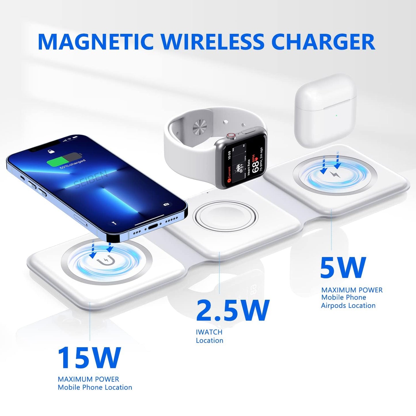 Dealstech MagFold 3-in-1 Wireless Charger | 23W Fast Charging | Foldable MagSafe Dock – Pearl White