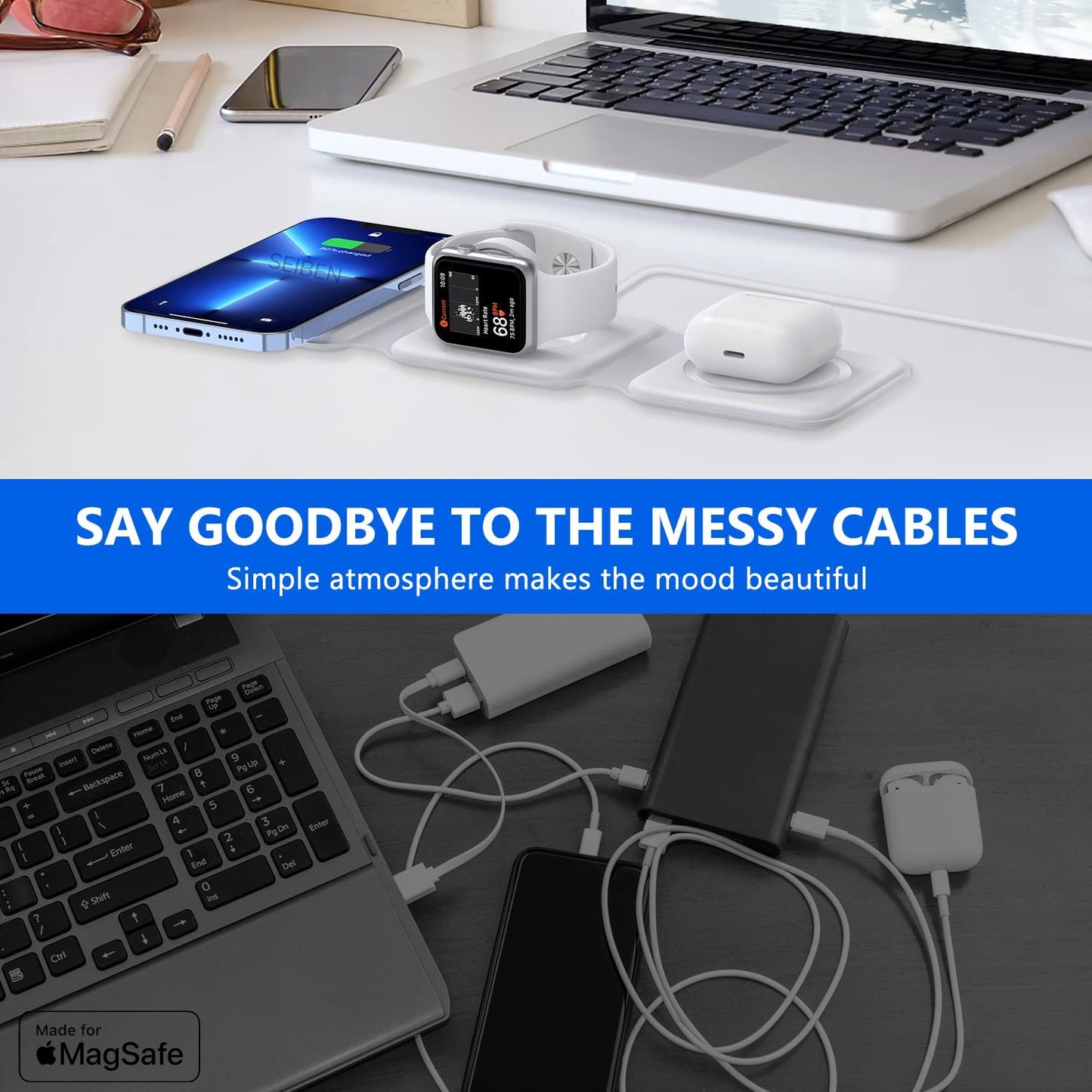 Dealstech MagFold 3-in-1 Wireless Charger | 23W Fast Charging | Foldable MagSafe Dock – Pearl White